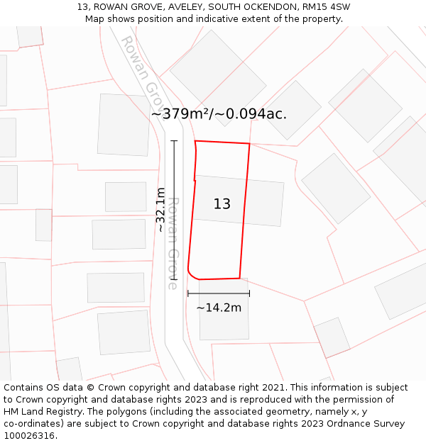 13, ROWAN GROVE, AVELEY, SOUTH OCKENDON, RM15 4SW: Plot and title map