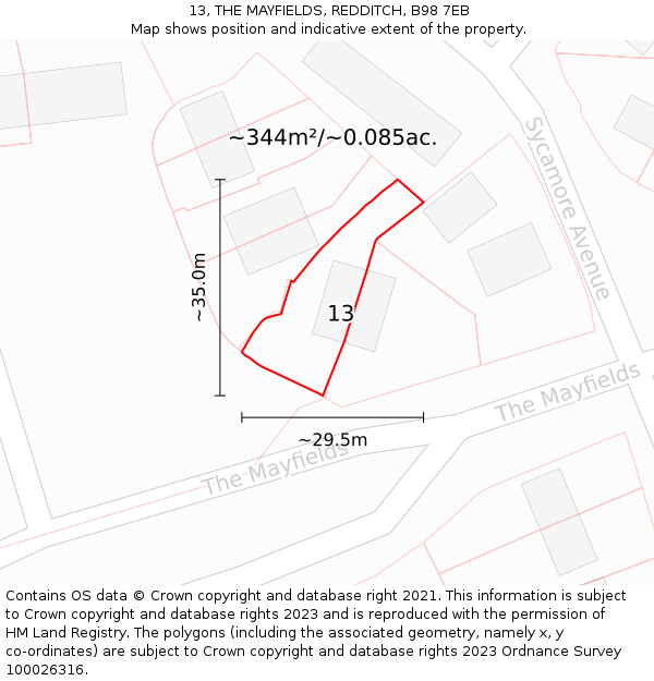 13, THE MAYFIELDS, REDDITCH, B98 7EB: Plot and title map