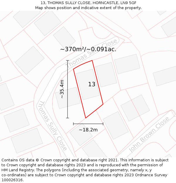 13, THOMAS SULLY CLOSE, HORNCASTLE, LN9 5GF: Plot and title map