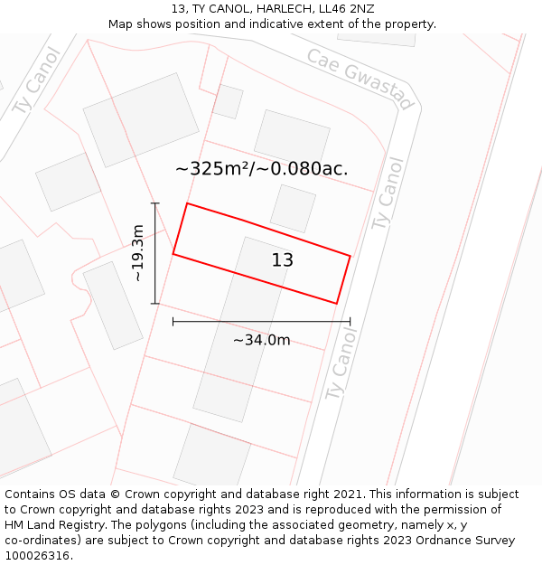 13, TY CANOL, HARLECH, LL46 2NZ: Plot and title map
