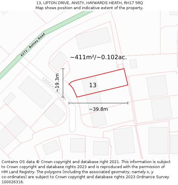 13, UPTON DRIVE, ANSTY, HAYWARDS HEATH, RH17 5RQ: Plot and title map
