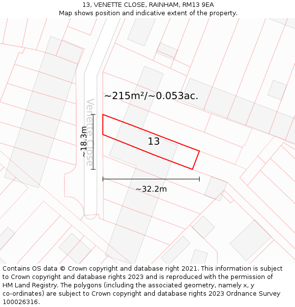 13, VENETTE CLOSE, RAINHAM, RM13 9EA: Plot and title map