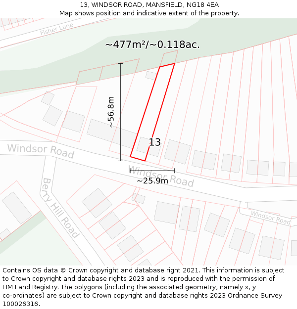 13, WINDSOR ROAD, MANSFIELD, NG18 4EA: Plot and title map