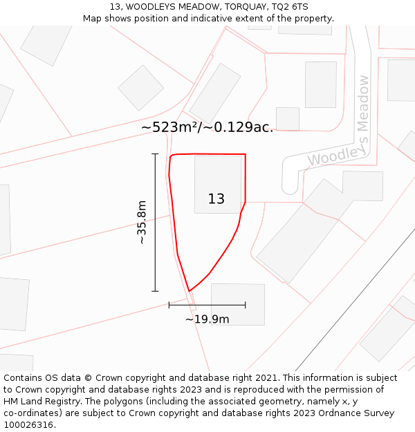 13, WOODLEYS MEADOW, TORQUAY, TQ2 6TS: Plot and title map