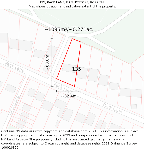135, PACK LANE, BASINGSTOKE, RG22 5HL: Plot and title map