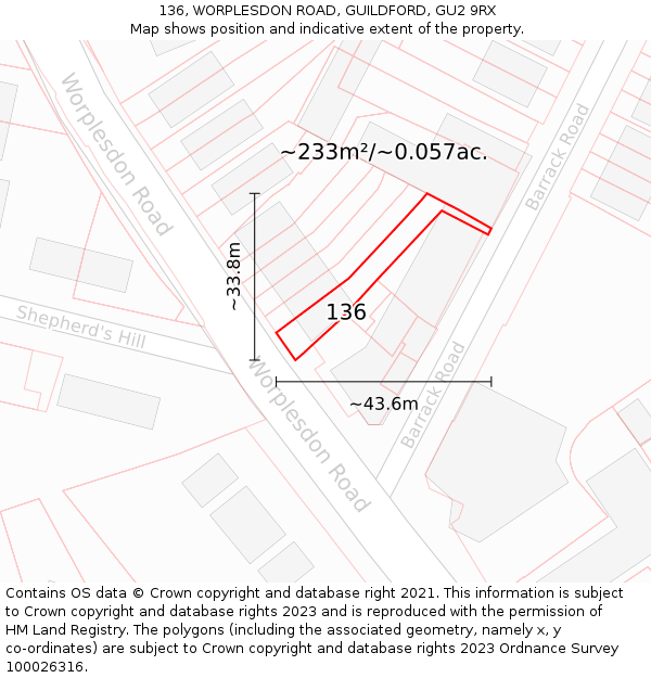 136, WORPLESDON ROAD, GUILDFORD, GU2 9RX: Plot and title map