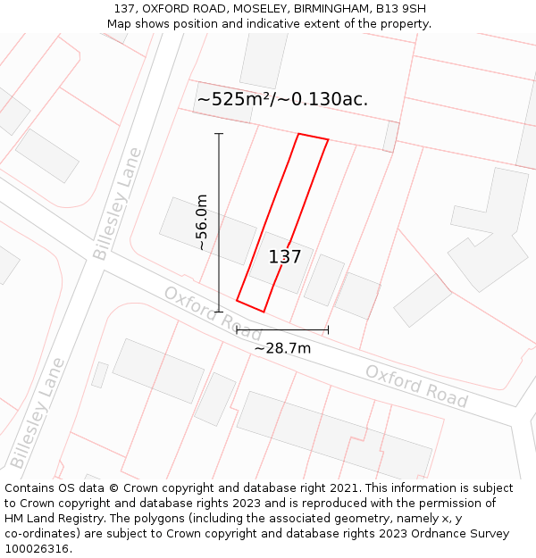 137, OXFORD ROAD, MOSELEY, BIRMINGHAM, B13 9SH: Plot and title map