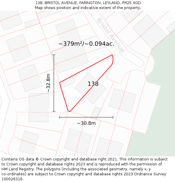 138, BRISTOL AVENUE, FARINGTON, LEYLAND, PR25 4GD: Plot and title map
