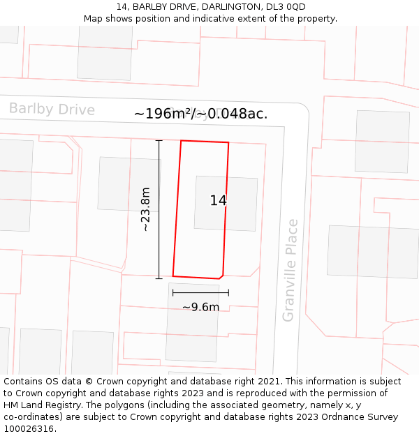14, BARLBY DRIVE, DARLINGTON, DL3 0QD: Plot and title map