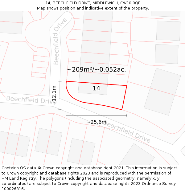 14, BEECHFIELD DRIVE, MIDDLEWICH, CW10 9QE: Plot and title map