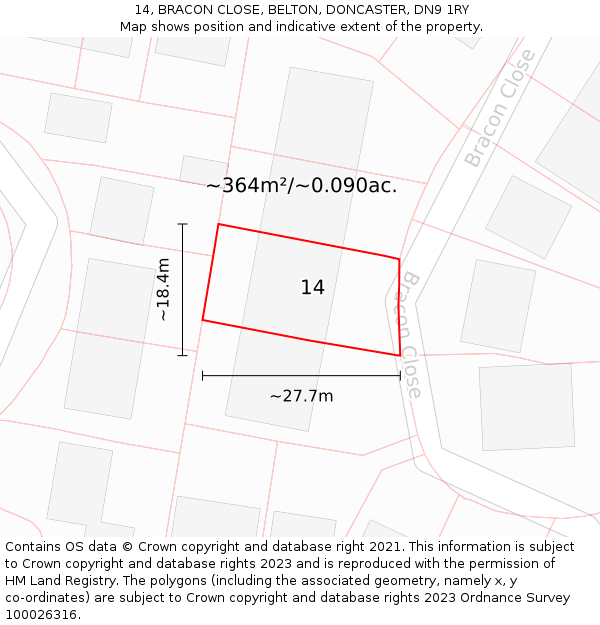 14, BRACON CLOSE, BELTON, DONCASTER, DN9 1RY: Plot and title map