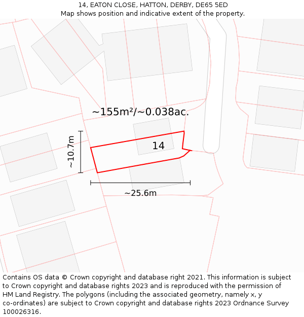 14, EATON CLOSE, HATTON, DERBY, DE65 5ED: Plot and title map