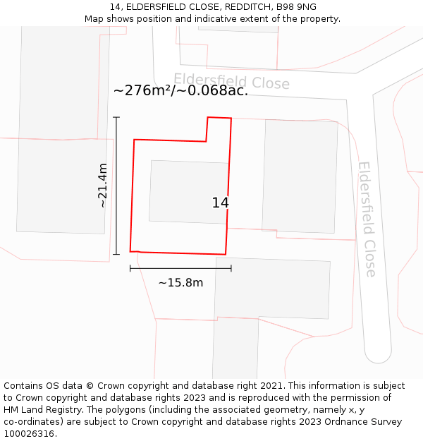 14, ELDERSFIELD CLOSE, REDDITCH, B98 9NG: Plot and title map