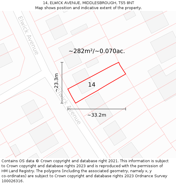 14, ELWICK AVENUE, MIDDLESBROUGH, TS5 8NT: Plot and title map