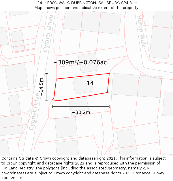 14, HERON WALK, DURRINGTON, SALISBURY, SP4 8LH: Plot and title map