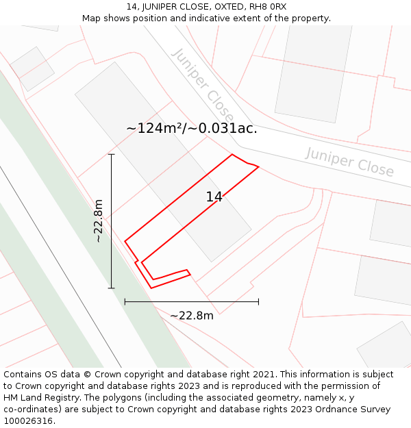 14, JUNIPER CLOSE, OXTED, RH8 0RX: Plot and title map