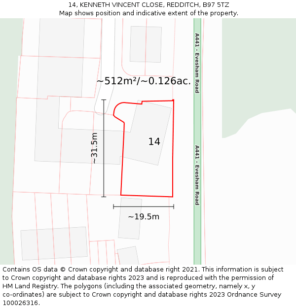 14, KENNETH VINCENT CLOSE, REDDITCH, B97 5TZ: Plot and title map