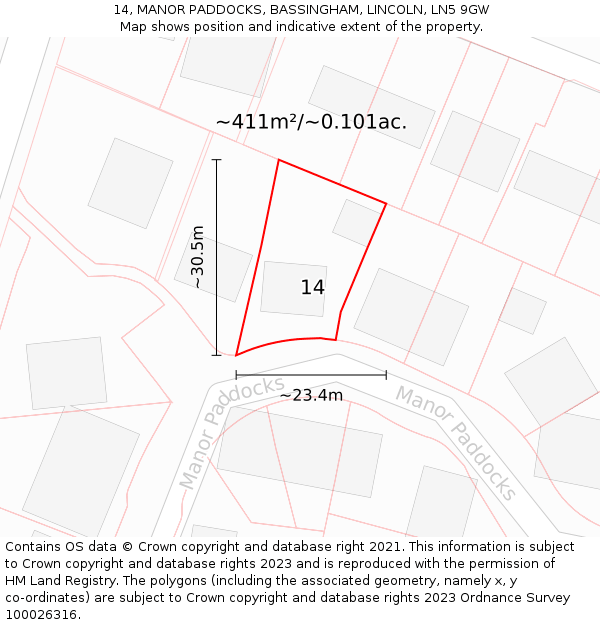 14, MANOR PADDOCKS, BASSINGHAM, LINCOLN, LN5 9GW: Plot and title map