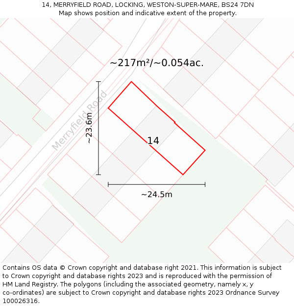 14, MERRYFIELD ROAD, LOCKING, WESTON-SUPER-MARE, BS24 7DN: Plot and title map