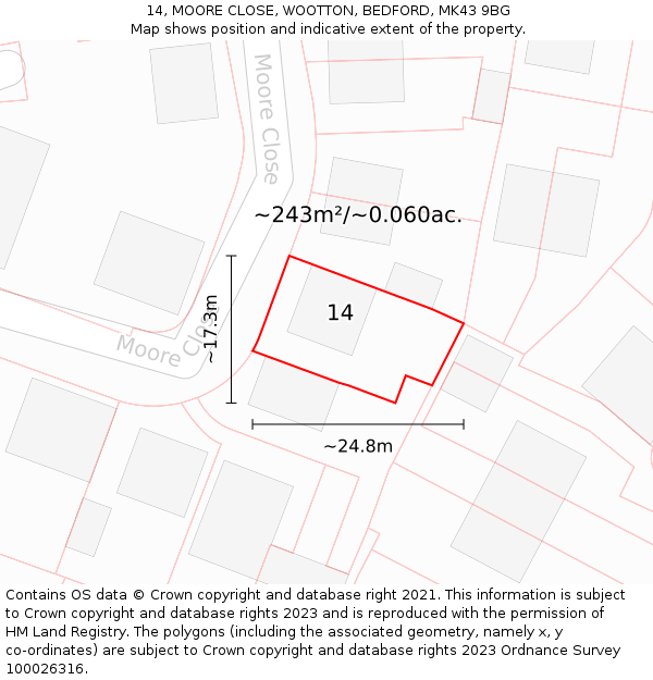 14, MOORE CLOSE, WOOTTON, BEDFORD, MK43 9BG: Plot and title map