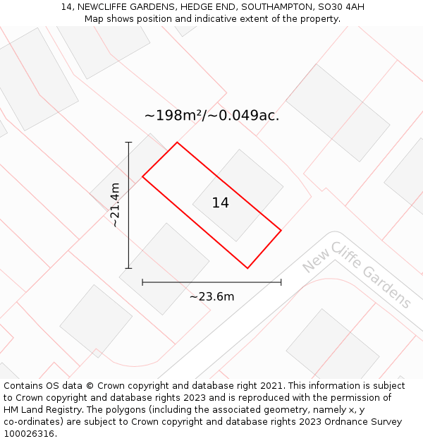 14, NEWCLIFFE GARDENS, HEDGE END, SOUTHAMPTON, SO30 4AH: Plot and title map