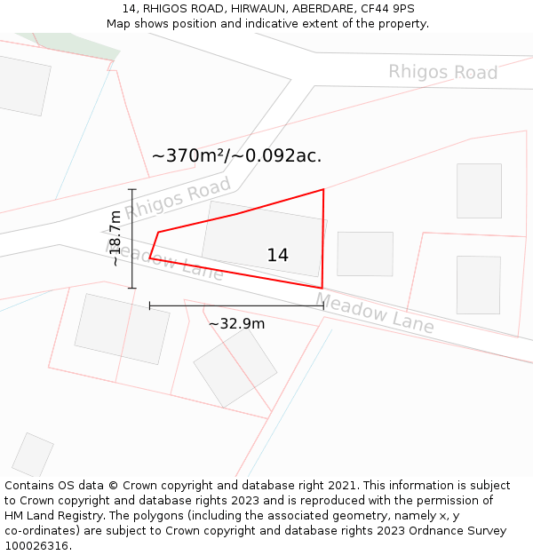 14, RHIGOS ROAD, HIRWAUN, ABERDARE, CF44 9PS: Plot and title map