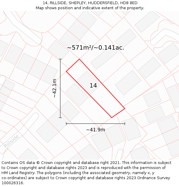 14, RILLSIDE, SHEPLEY, HUDDERSFIELD, HD8 8ED: Plot and title map