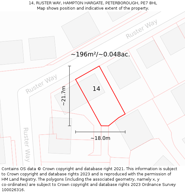 14, RUSTER WAY, HAMPTON HARGATE, PETERBOROUGH, PE7 8HL: Plot and title map