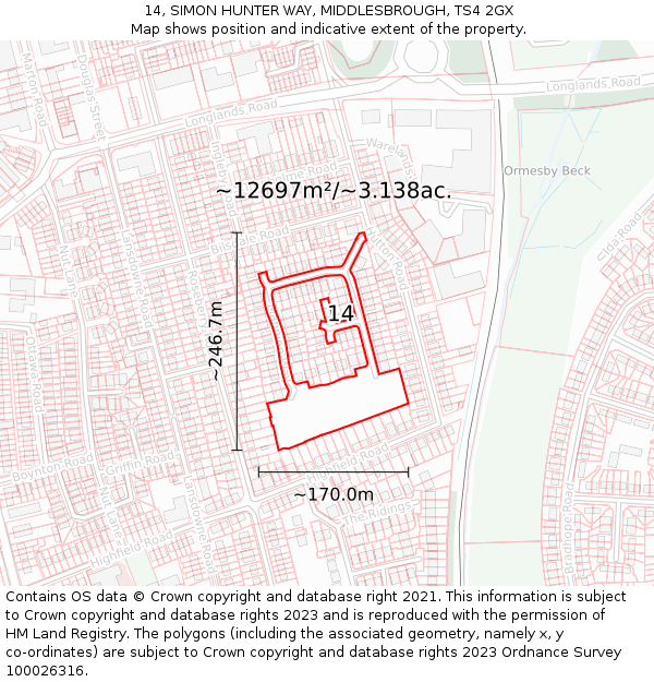 14, SIMON HUNTER WAY, MIDDLESBROUGH, TS4 2GX: Plot and title map