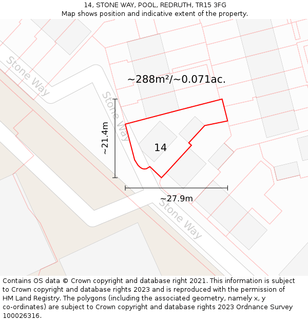 14, STONE WAY, POOL, REDRUTH, TR15 3FG: Plot and title map