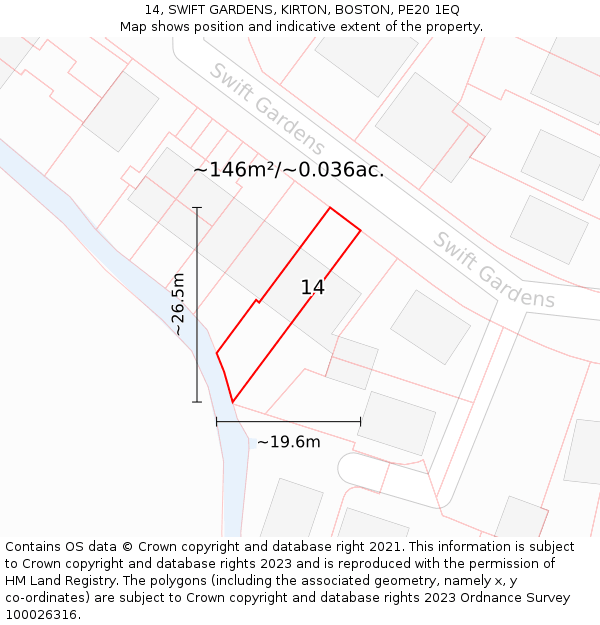 14, SWIFT GARDENS, KIRTON, BOSTON, PE20 1EQ: Plot and title map