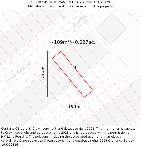 14, THIRD AVENUE, CAMELS HEAD, PLYMOUTH, PL2 2EH: Plot and title map