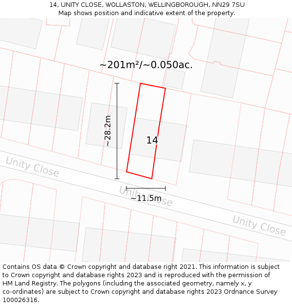 14, UNITY CLOSE, WOLLASTON, WELLINGBOROUGH, NN29 7SU: Plot and title map