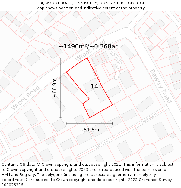 14, WROOT ROAD, FINNINGLEY, DONCASTER, DN9 3DN: Plot and title map