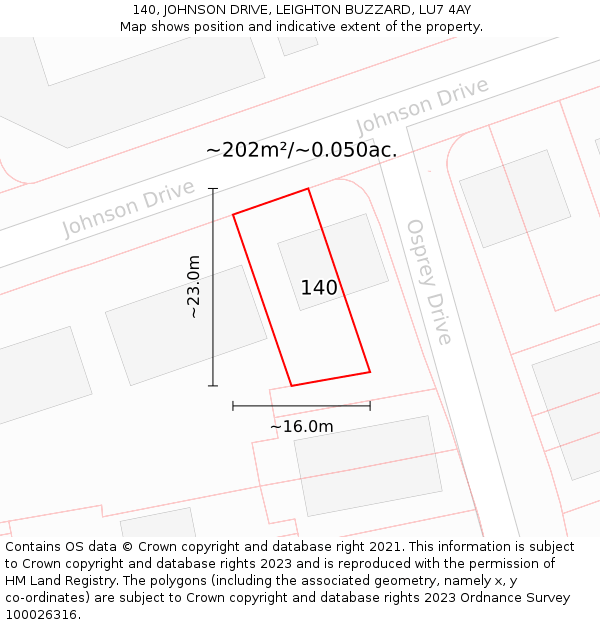 140, JOHNSON DRIVE, LEIGHTON BUZZARD, LU7 4AY: Plot and title map