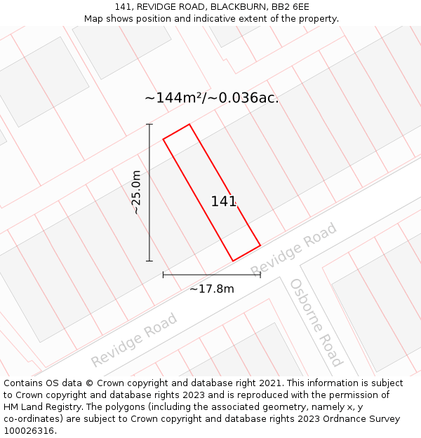141, REVIDGE ROAD, BLACKBURN, BB2 6EE: Plot and title map
