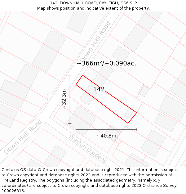 142, DOWN HALL ROAD, RAYLEIGH, SS6 9LP: Plot and title map