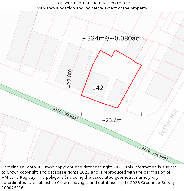 142, WESTGATE, PICKERING, YO18 8BB: Plot and title map