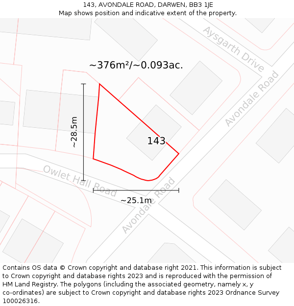143, AVONDALE ROAD, DARWEN, BB3 1JE: Plot and title map