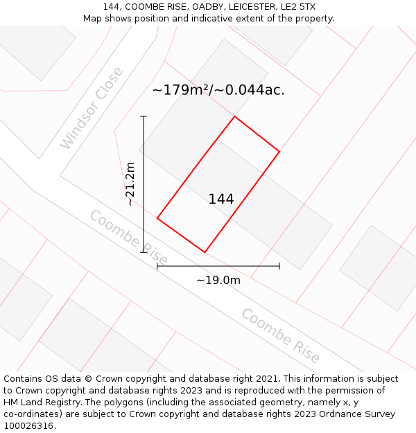 144, COOMBE RISE, OADBY, LEICESTER, LE2 5TX: Plot and title map