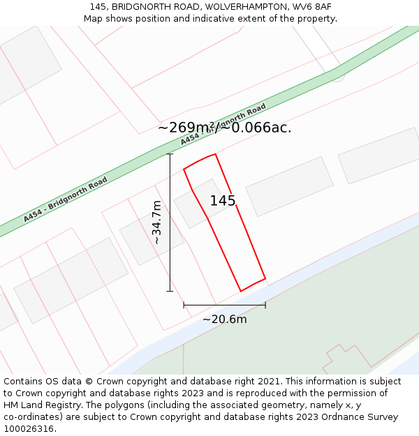 145, BRIDGNORTH ROAD, WOLVERHAMPTON, WV6 8AF: Plot and title map