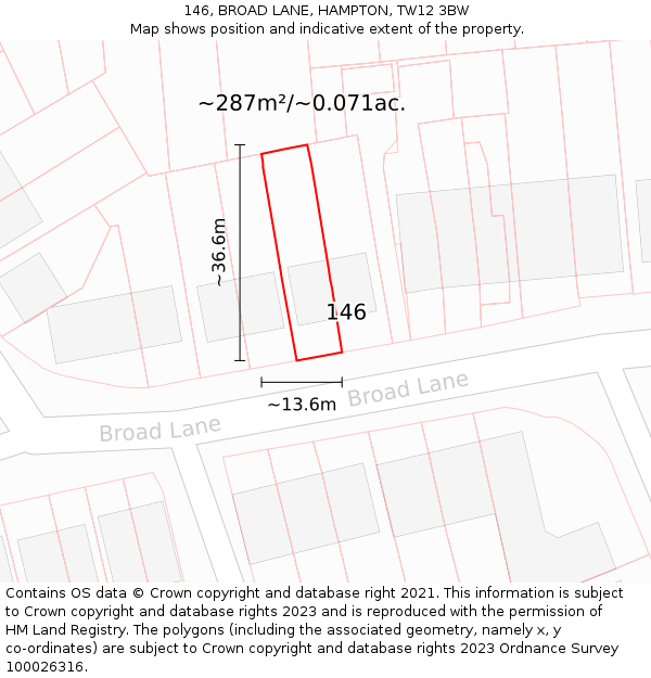 146, BROAD LANE, HAMPTON, TW12 3BW: Plot and title map