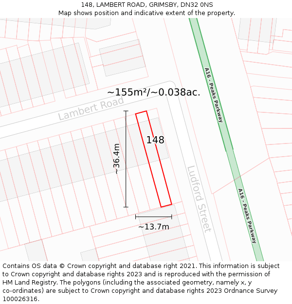 148, LAMBERT ROAD, GRIMSBY, DN32 0NS: Plot and title map