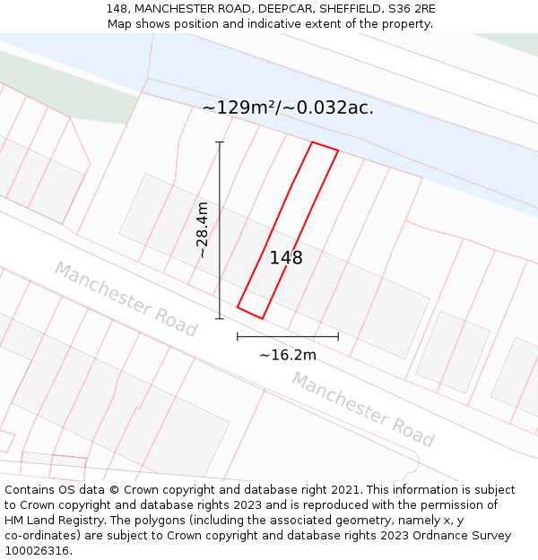 148, MANCHESTER ROAD, DEEPCAR, SHEFFIELD, S36 2RE: Plot and title map