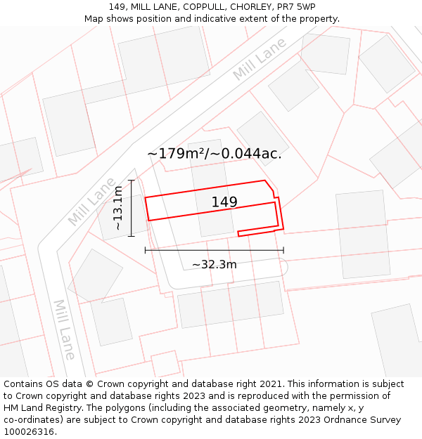 149, MILL LANE, COPPULL, CHORLEY, PR7 5WP: Plot and title map