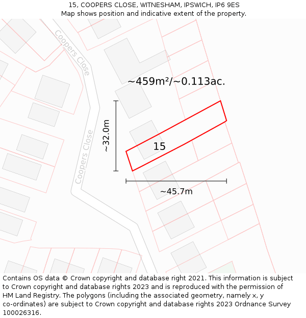 15, COOPERS CLOSE, WITNESHAM, IPSWICH, IP6 9ES: Plot and title map