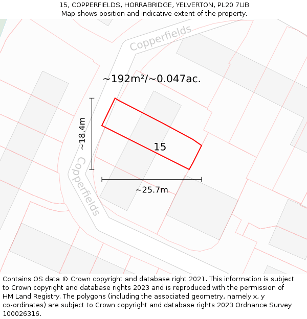 15, COPPERFIELDS, HORRABRIDGE, YELVERTON, PL20 7UB: Plot and title map