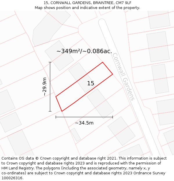 15, CORNWALL GARDENS, BRAINTREE, CM7 9LF: Plot and title map