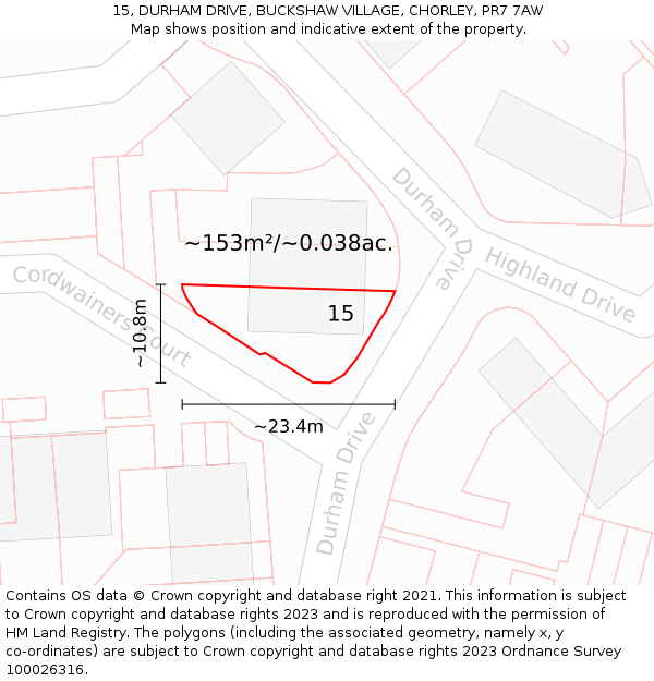 15, DURHAM DRIVE, BUCKSHAW VILLAGE, CHORLEY, PR7 7AW: Plot and title map