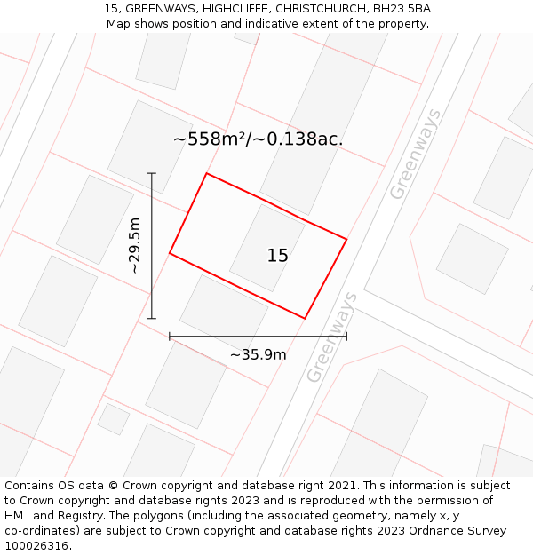 15, GREENWAYS, HIGHCLIFFE, CHRISTCHURCH, BH23 5BA: Plot and title map